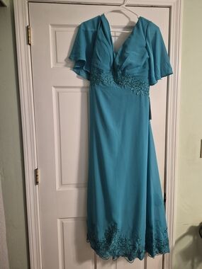 Teal V-Neck Embroidered Corset Back Evening Dress